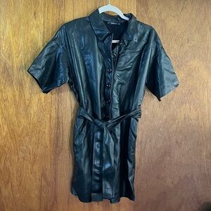 ZARA Black Faux Leather Short-Sleeve Belted Shirtdress Sz S